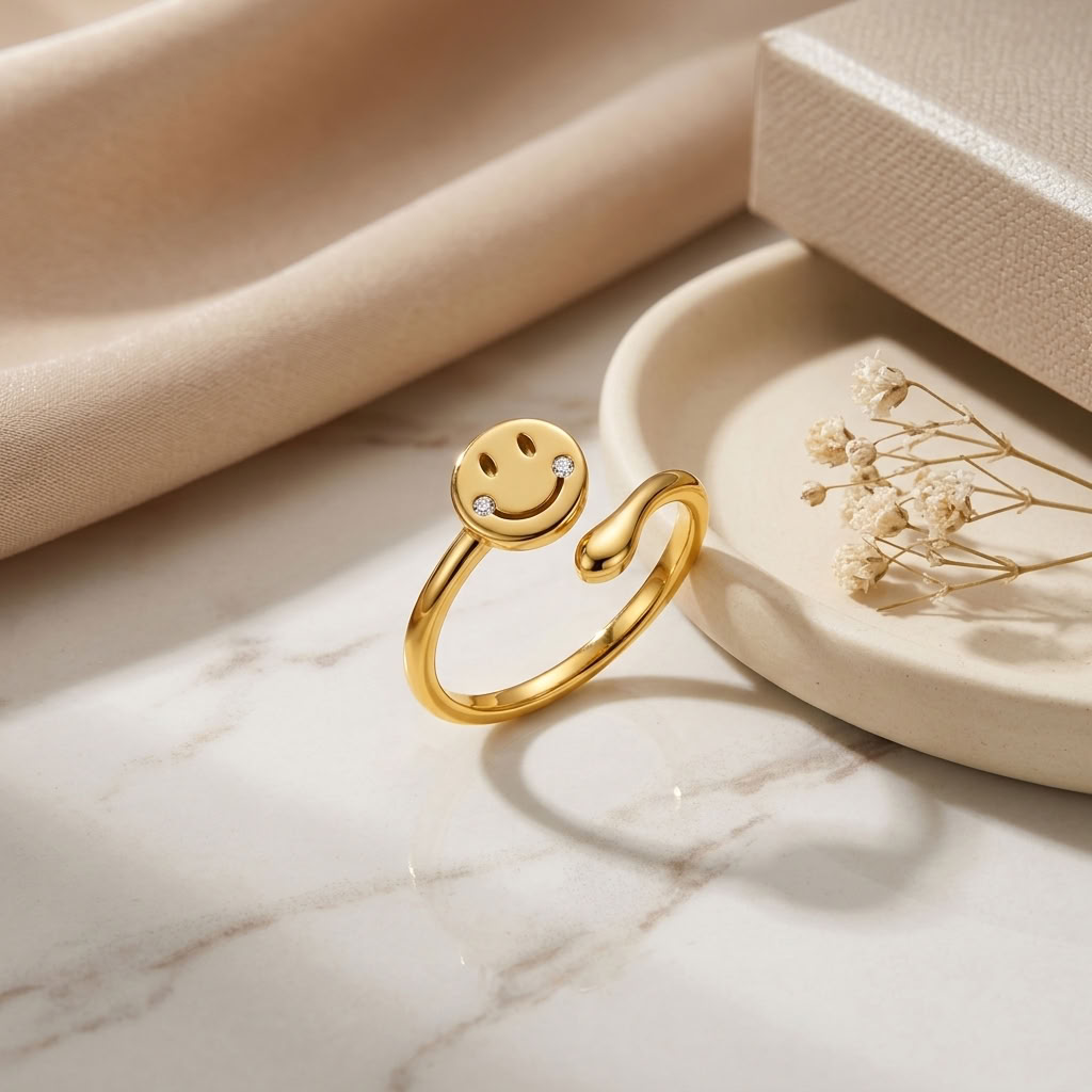 Smiley Face Open Adjustable Happy Face Ring for Women - 925 Sterling Silver