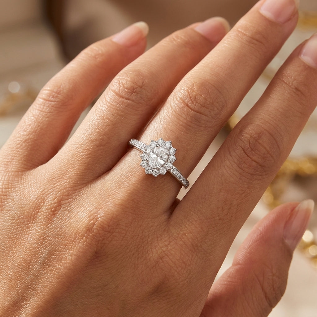 Oval Halo Ring - Vintage-Style Pave Crystal Cluster Ring