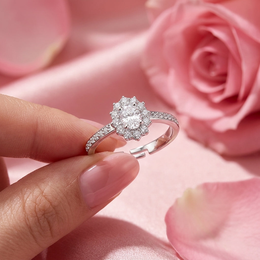 Oval Halo Ring - Vintage-Style Pave Crystal Cluster Ring