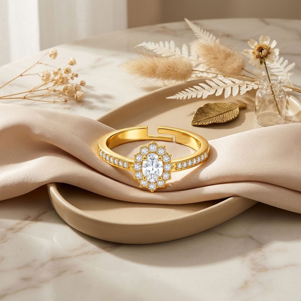 Oval Halo Vintage-Style Pave Crystal Cluster Ring for Women - 925 Sterling Silver