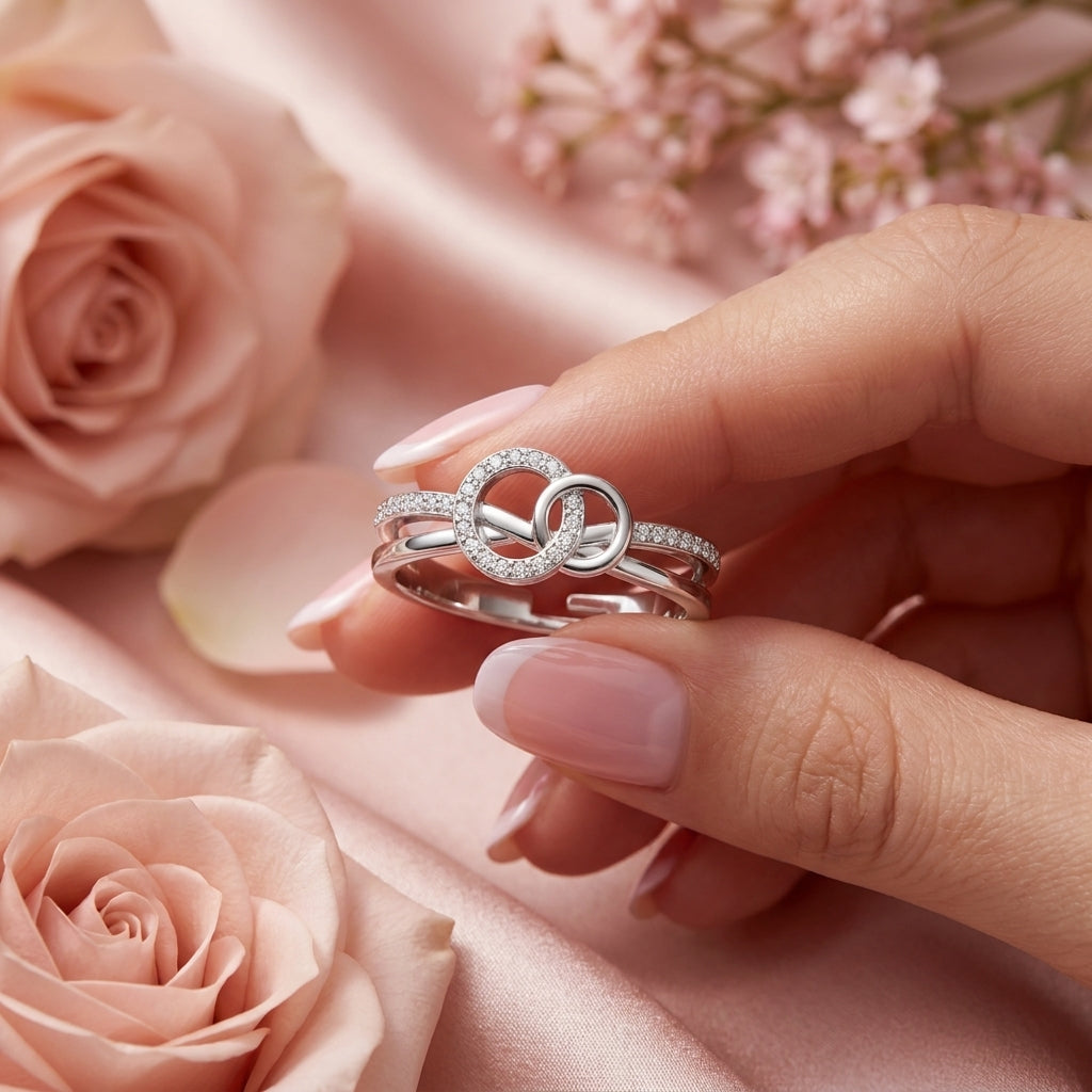 Interlocking Double Circle Ring - Adjustable Pave Split-Band Ring