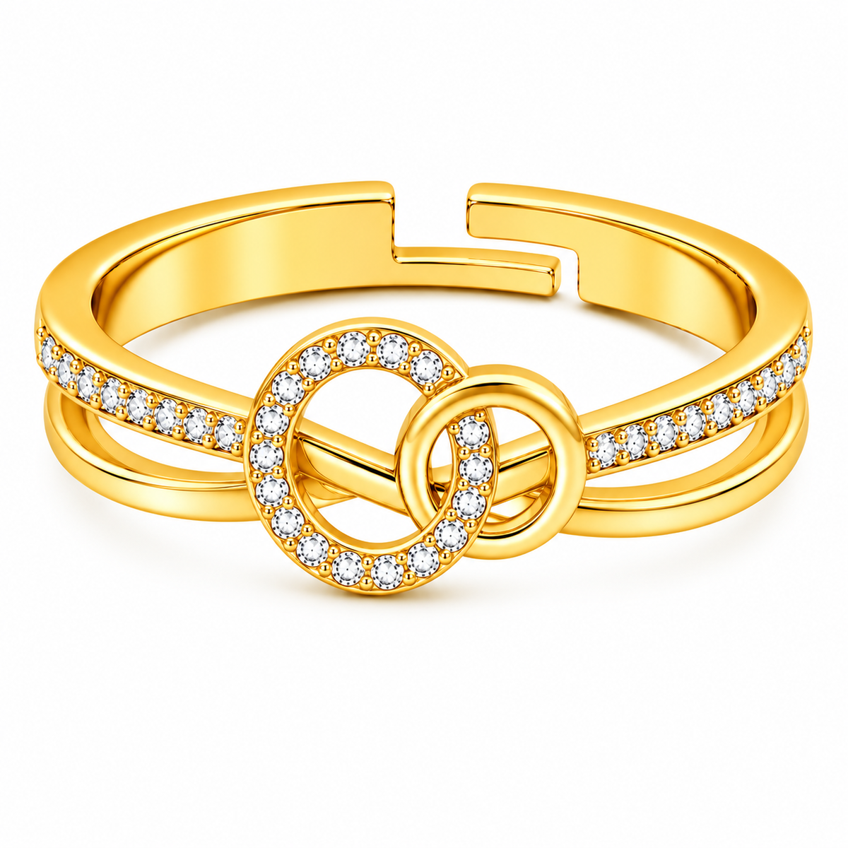 Interlocking Double Circle Adjustable Pave Split-Band Ring for Women - 925 Sterling Silver