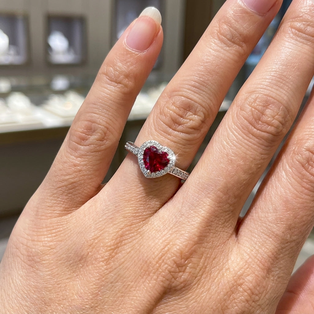 Ruby Red Heart Halo Ring - Adjustable White Cz Ring