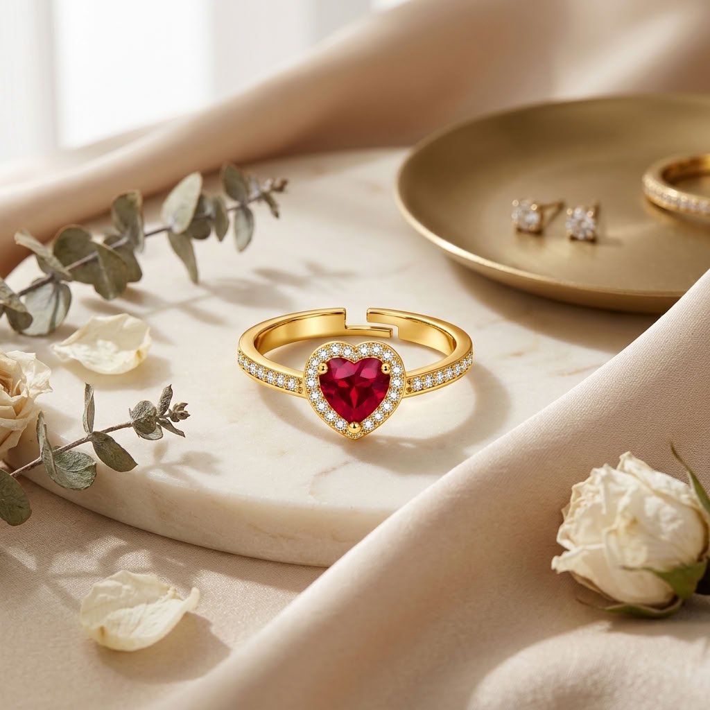 Ruby Red Heart Halo Adjustable White Cz Ring for Women - 925 Sterling Silver
