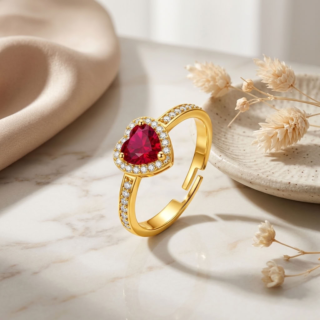 Ruby Red Heart Halo Adjustable White Cz Ring for Women - 925 Sterling Silver