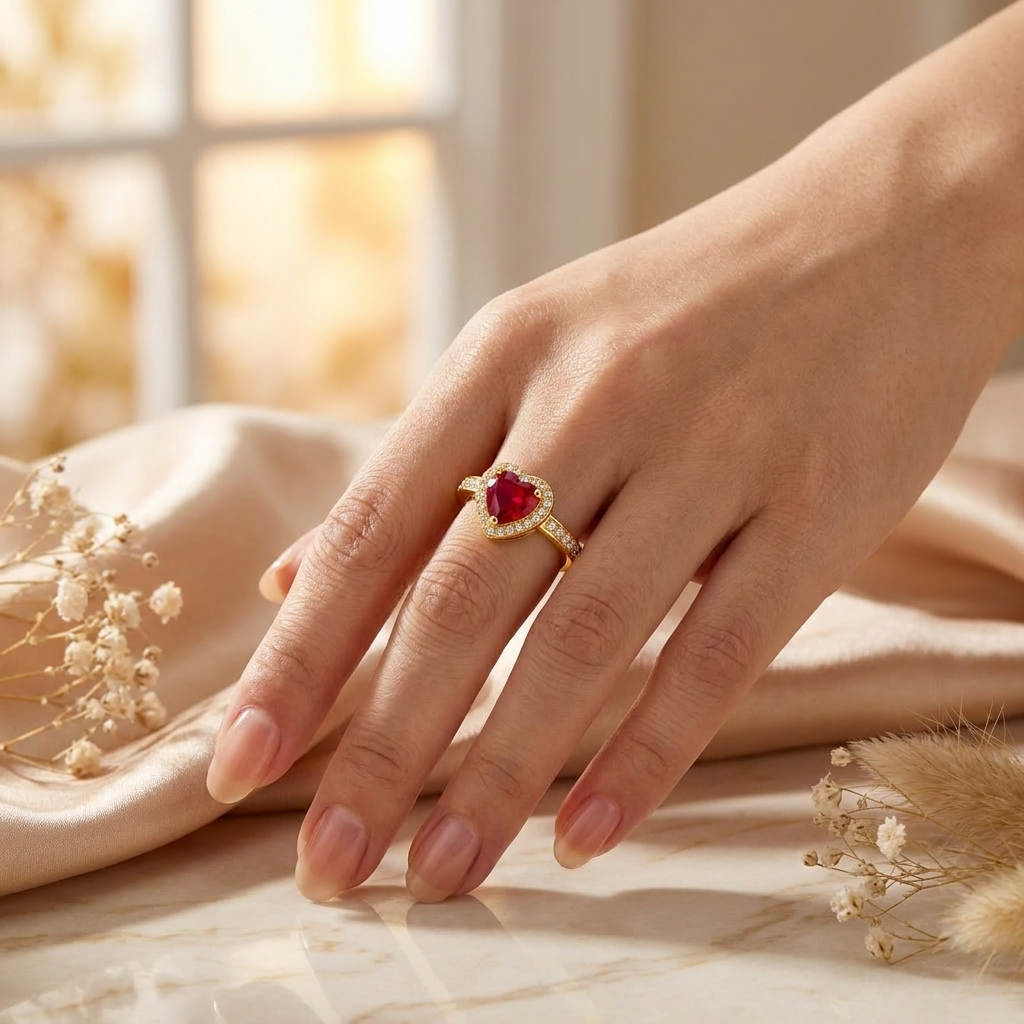 Ruby Red Heart Halo Adjustable White Cz Ring for Women - 925 Sterling Silver