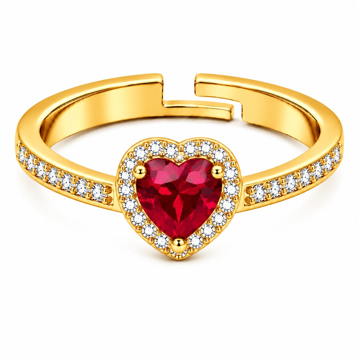 Ruby Red Heart Halo Adjustable White Cz Ring for Women - 925 Sterling Silver