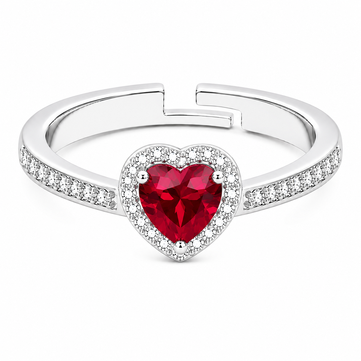 Ruby Red Heart Halo Ring - Adjustable White Cz Ring