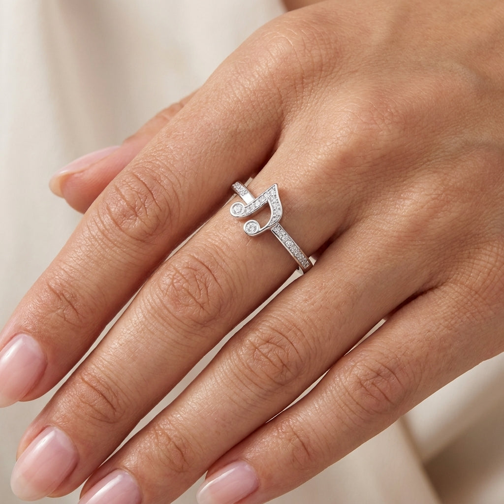 Music Note Ring - Adjustable Pave Crystal Eighth Note Ring