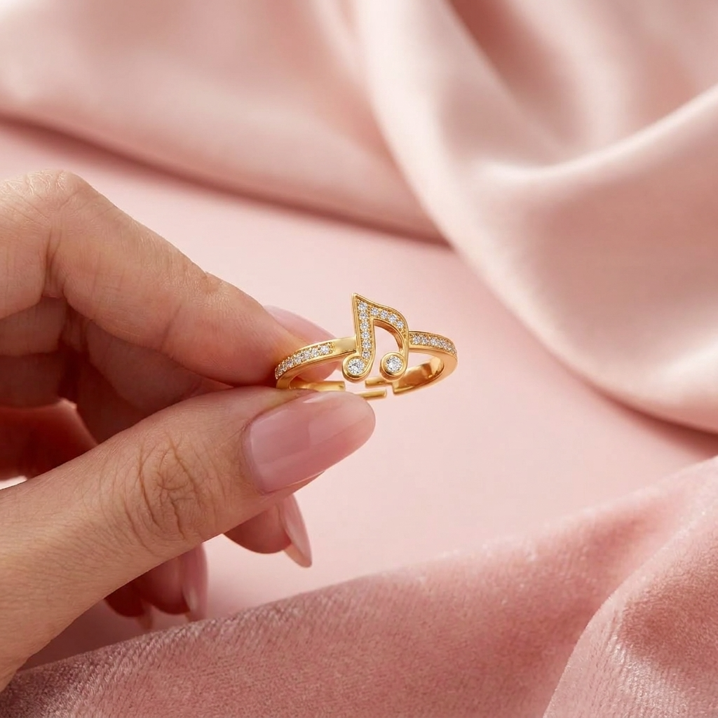 Music Note Adjustable Pave Crystal Eighth Note Ring for Women - 925 Sterling Silver