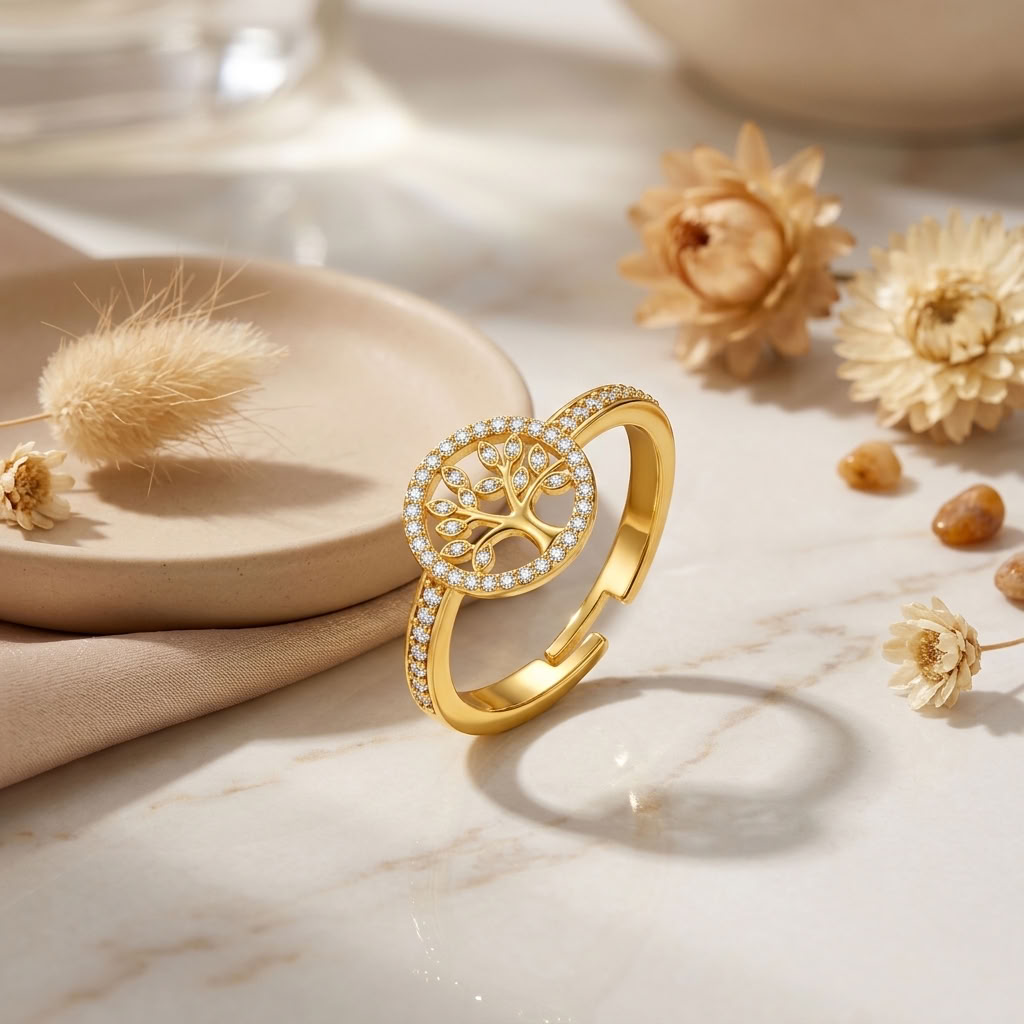 Tree of Life Adjustable Pave Crystal Ring for Women - 925 Sterling Silver