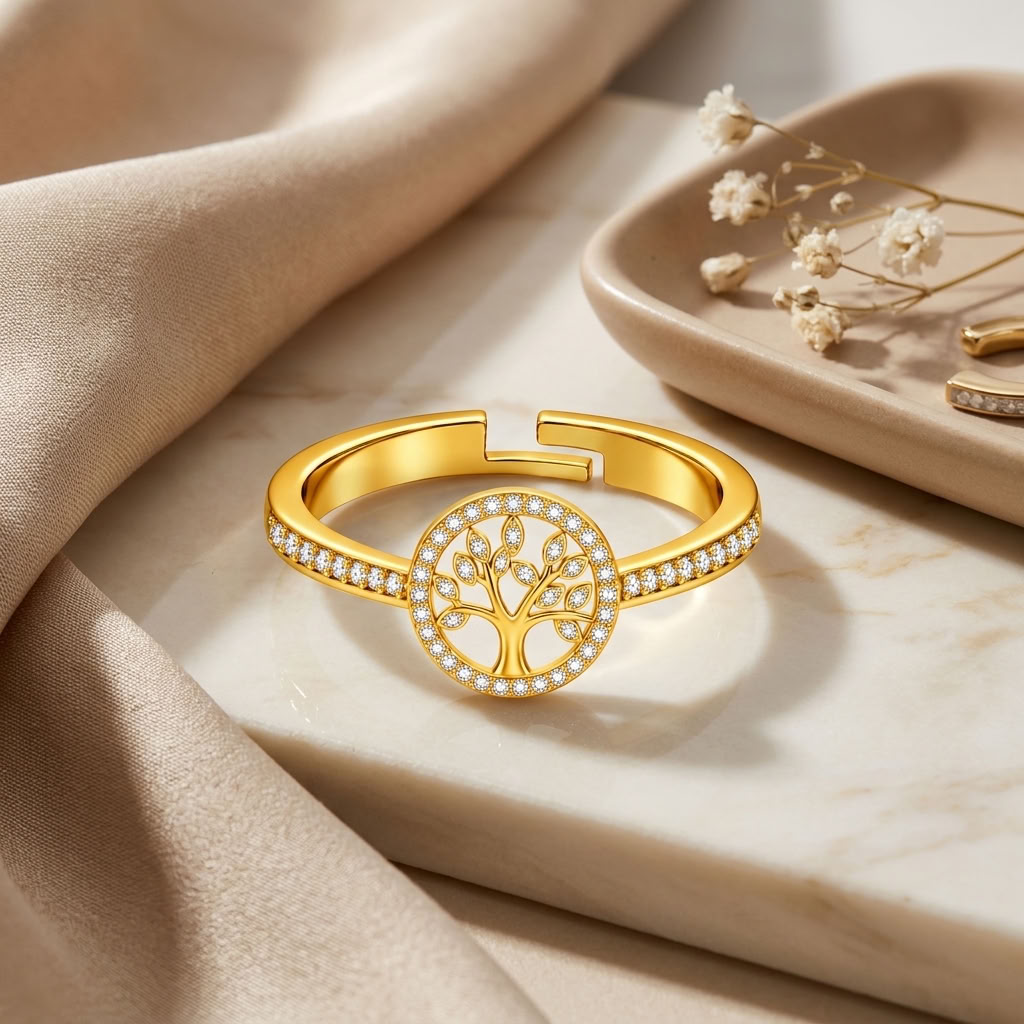 Tree of Life Adjustable Pave Crystal Ring for Women - 925 Sterling Silver