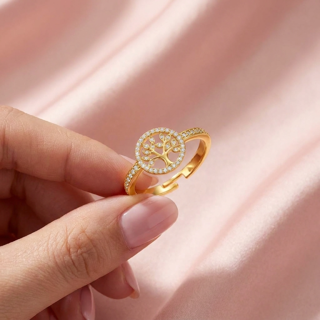 Tree of Life Adjustable Pave Crystal Ring for Women - 925 Sterling Silver