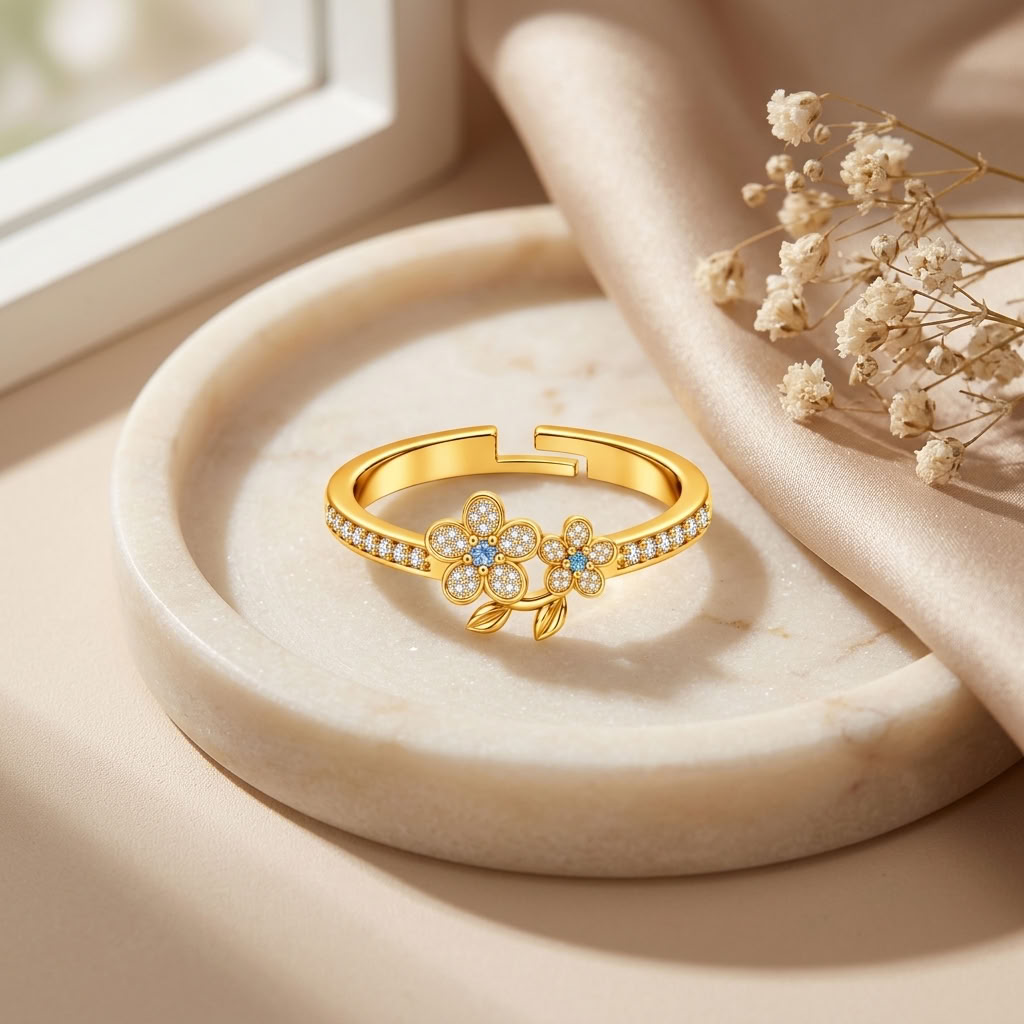 Double Daisy Blue Crystal Pave Flower Ring for Women - 925 Sterling Silver