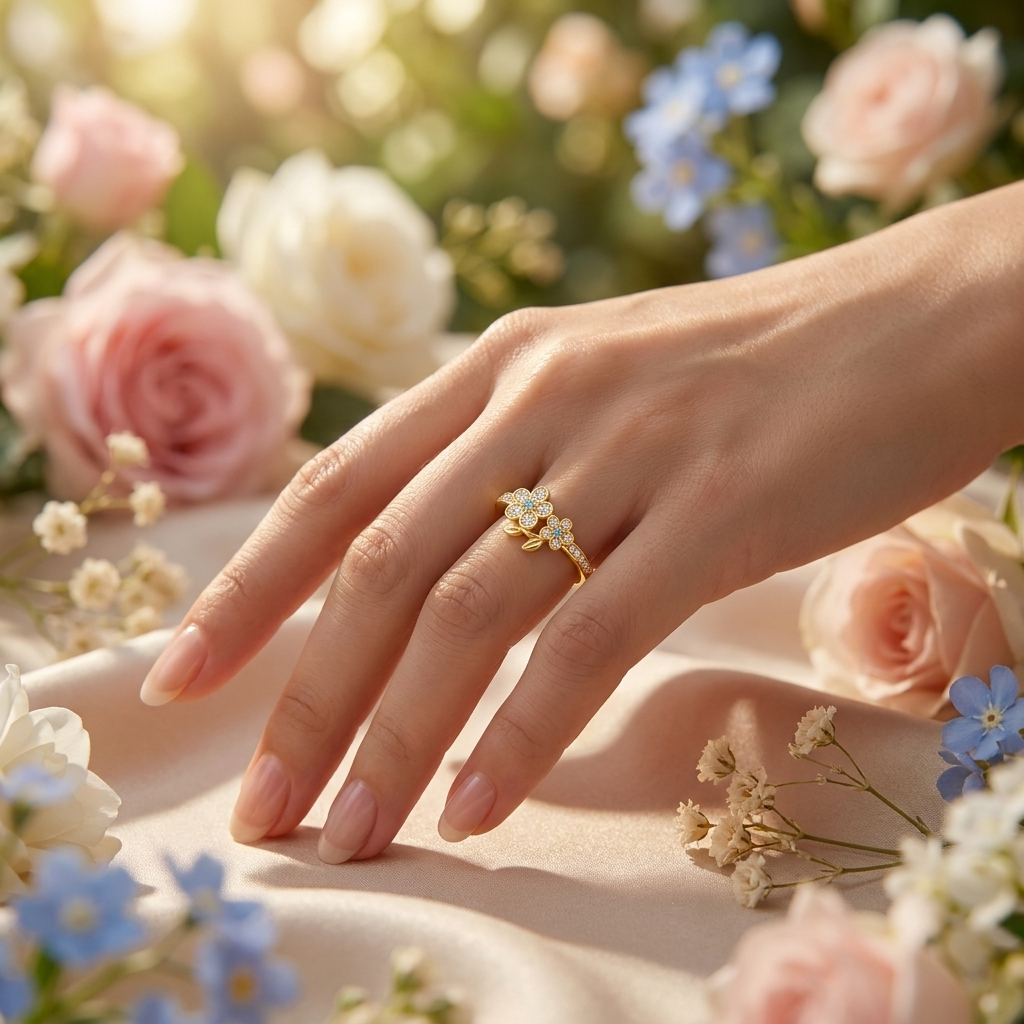 Double Daisy Blue Crystal Pave Flower Ring for Women - 925 Sterling Silver