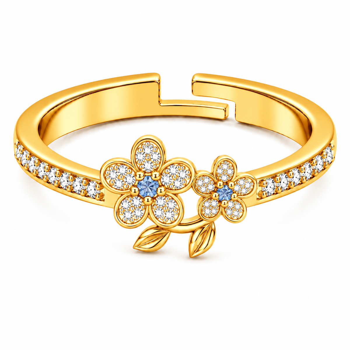 Double Daisy Blue Crystal Pave Flower Ring for Women - 925 Sterling Silver