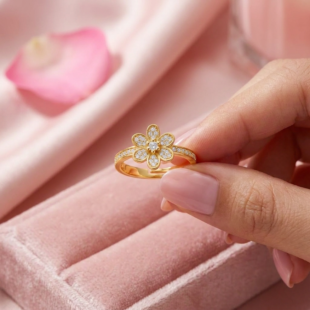 Daisy Flower Adjustable Pave Crystal Ring for Women - 925 Sterling Silver
