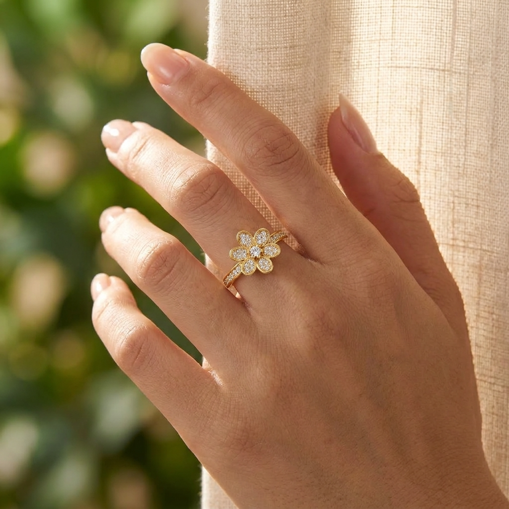Daisy Flower Adjustable Pave Crystal Ring for Women - 925 Sterling Silver