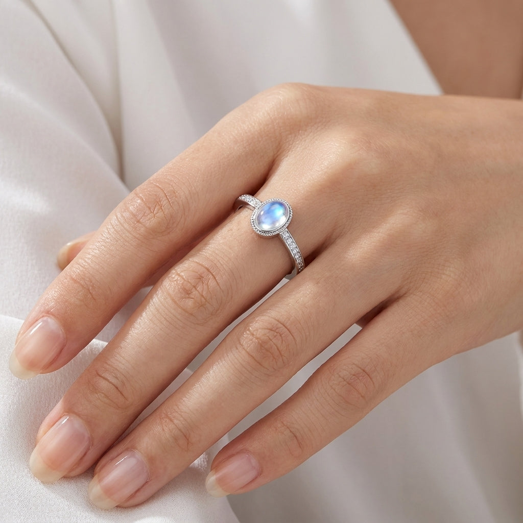 Moonstone Ring - Adjustable Oval Cabochon Pave Ring