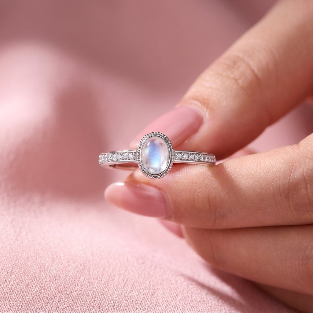 Moonstone Ring - Adjustable Oval Cabochon Pave Ring