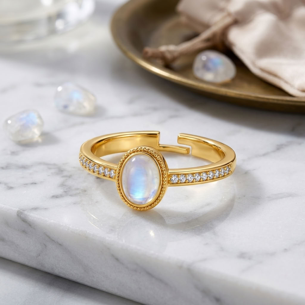 Moonstone Adjustable Oval Cabochon Pave Ring for Women - 925 Sterling Silver