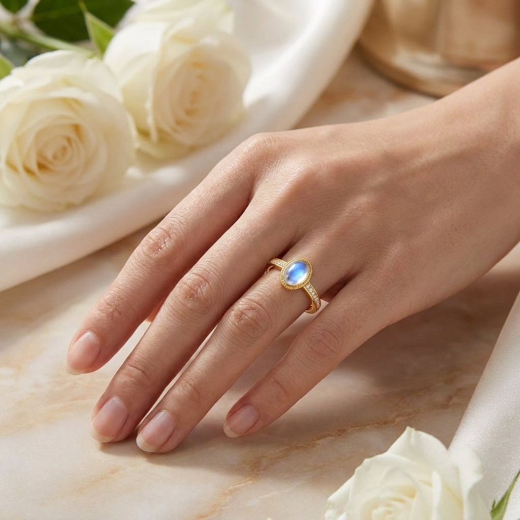 Moonstone Adjustable Oval Cabochon Pave Ring for Women - 925 Sterling Silver