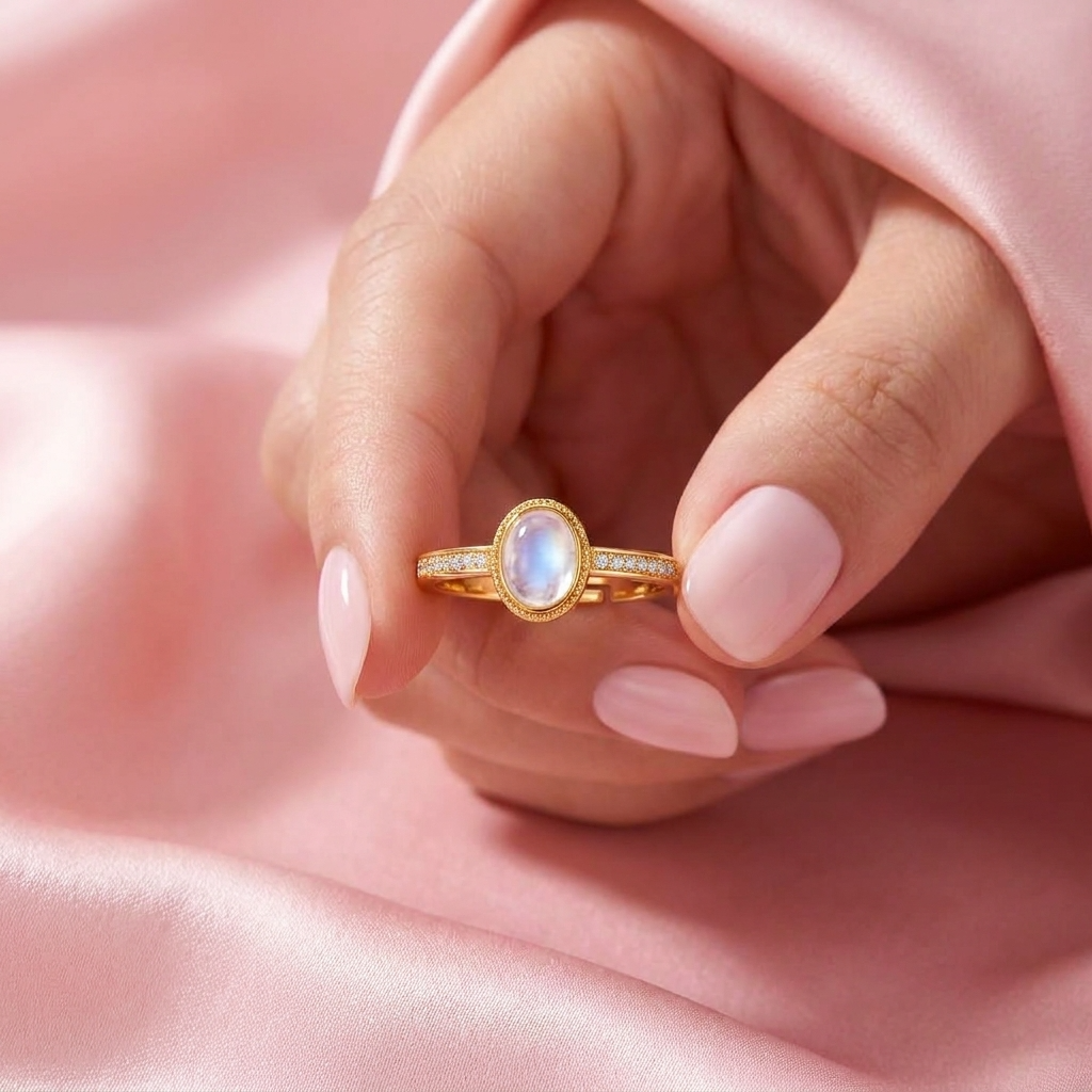 Moonstone Adjustable Oval Cabochon Pave Ring for Women - 925 Sterling Silver