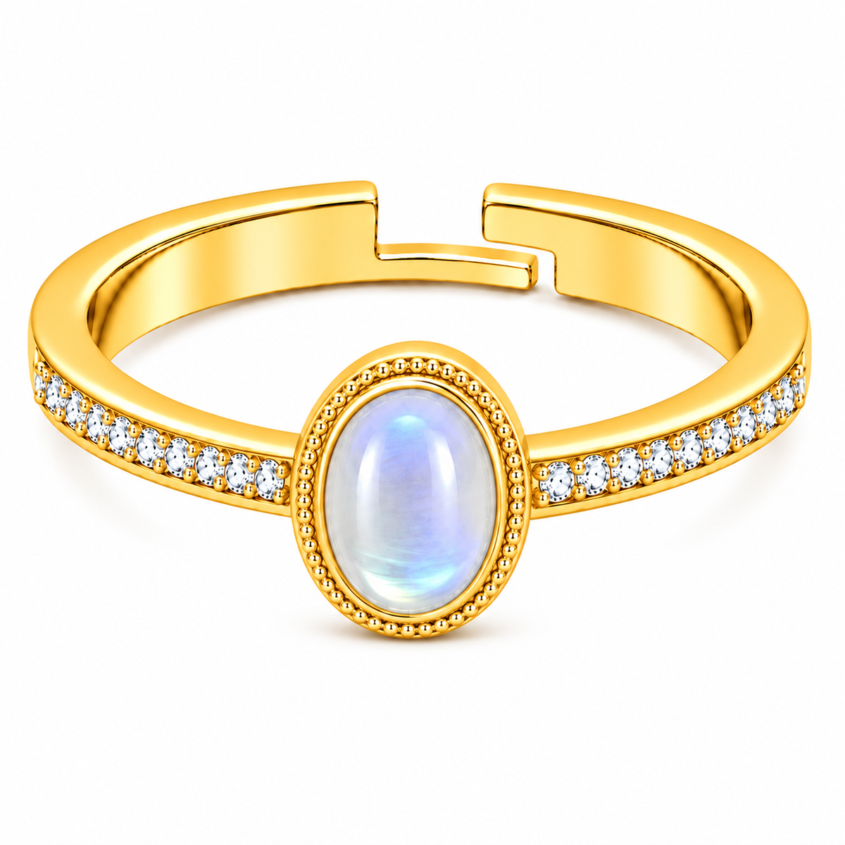 Moonstone Adjustable Oval Cabochon Pave Ring for Women - 925 Sterling Silver