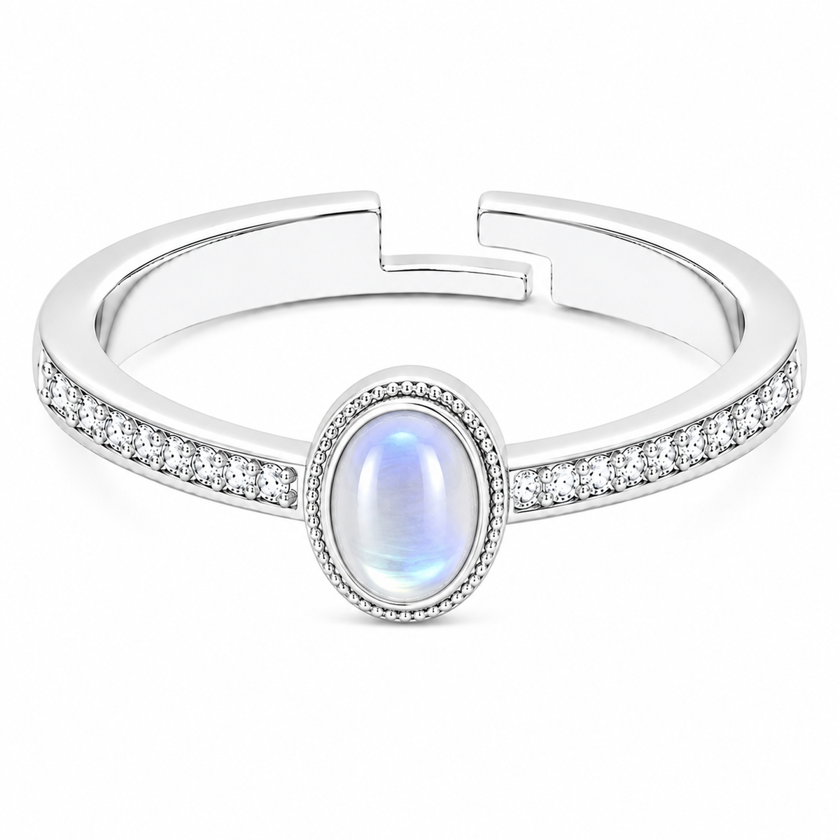Moonstone Ring - Adjustable Oval Cabochon Pave Ring
