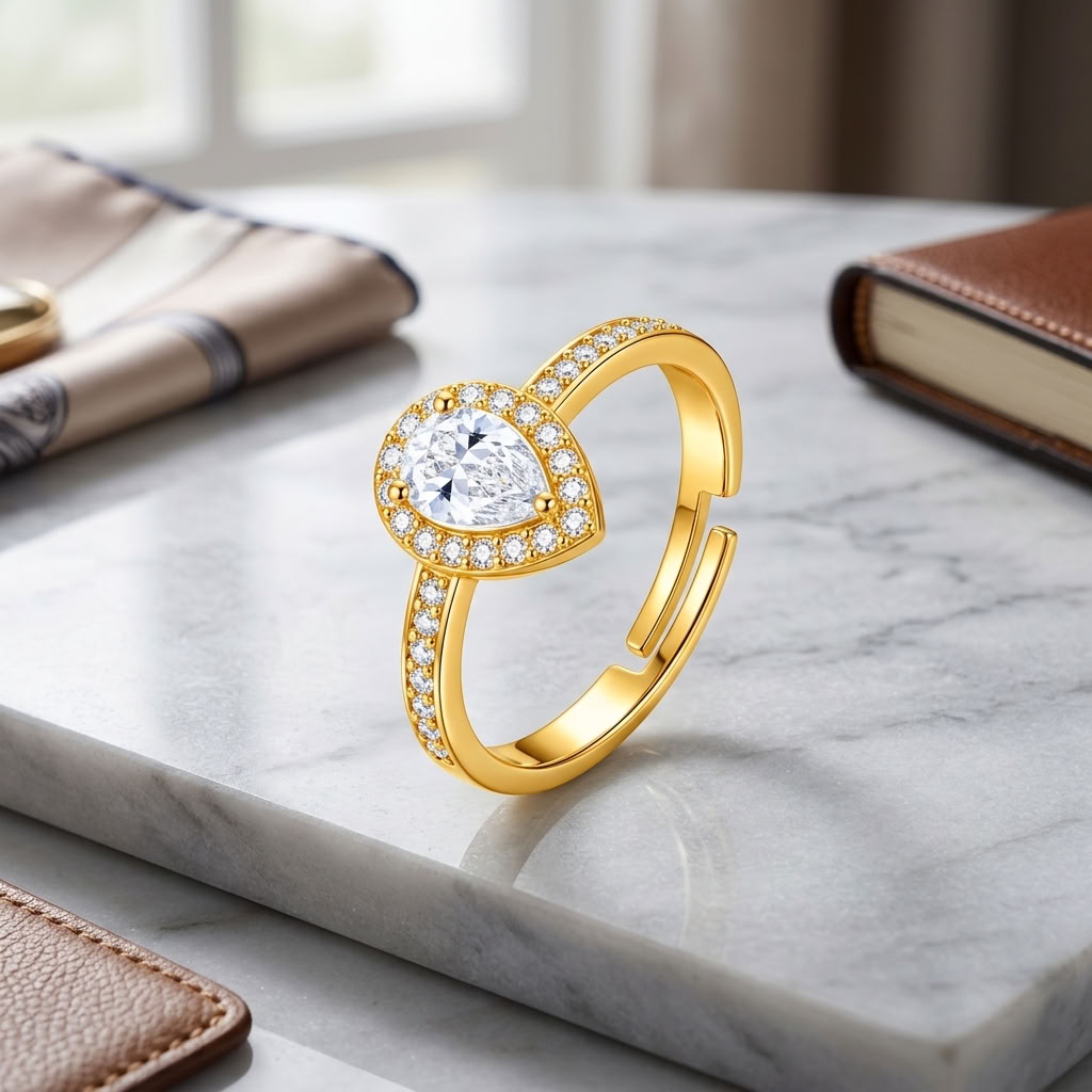 Teardrop Halo Adjustable Pear-Cut Pave Crystal Ring for Women - 925 Sterling Silver
