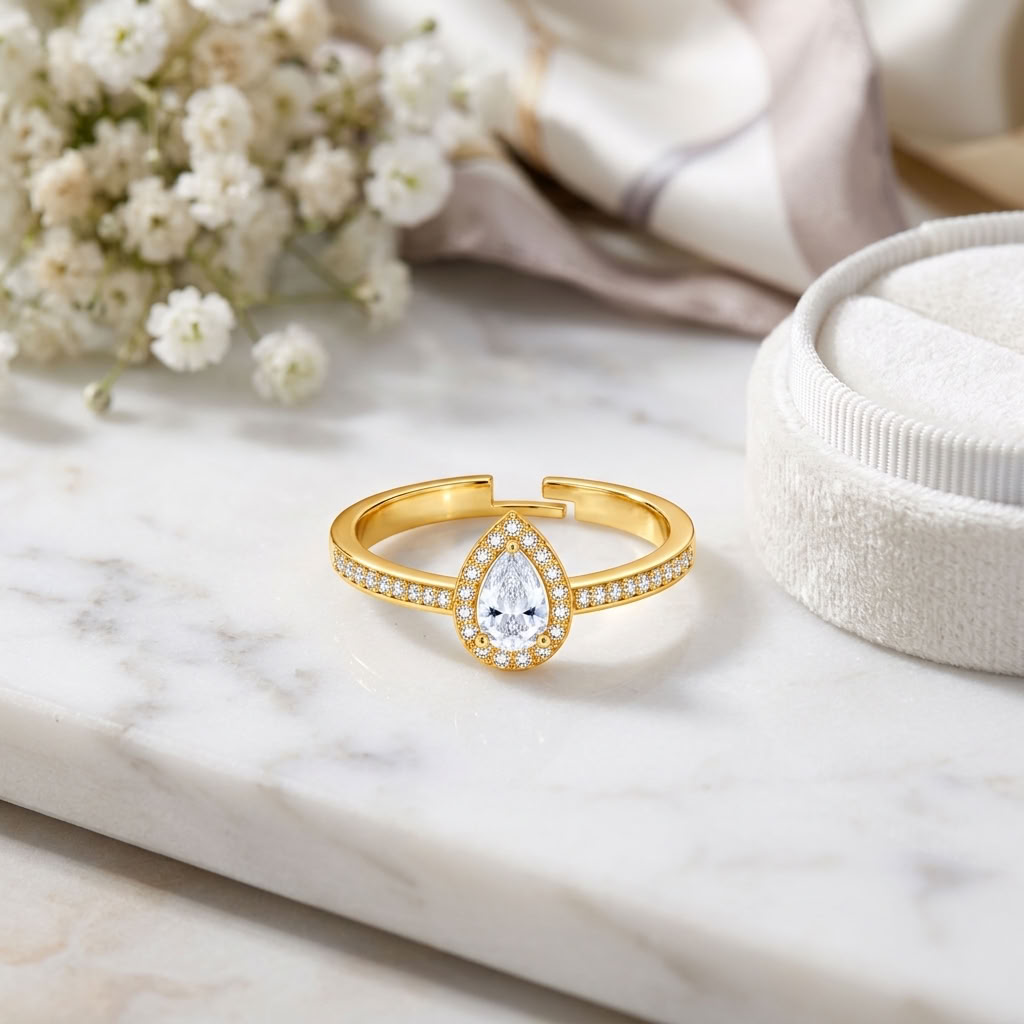 Teardrop Halo Adjustable Pear-Cut Pave Crystal Ring for Women - 925 Sterling Silver