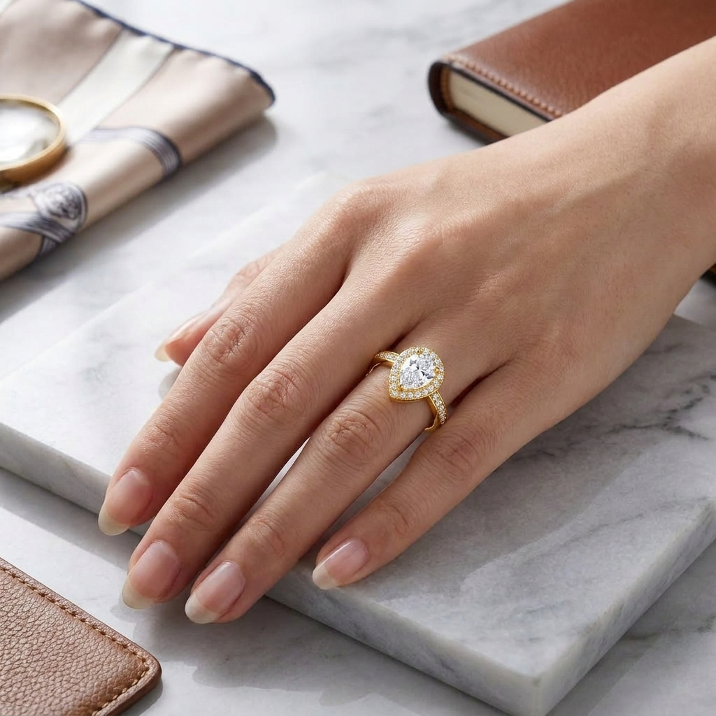 Teardrop Halo Adjustable Pear-Cut Pave Crystal Ring for Women - 925 Sterling Silver
