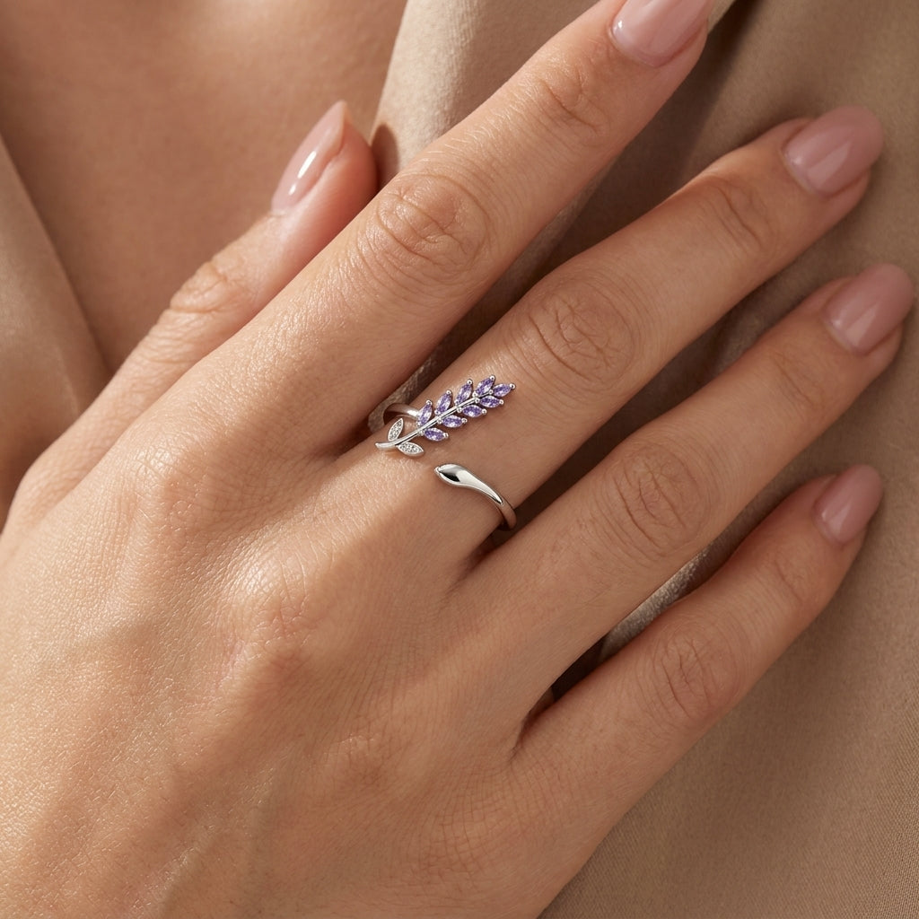Purple Leaf Branch Ring - Open Adjustable Marquise White Cz Ring