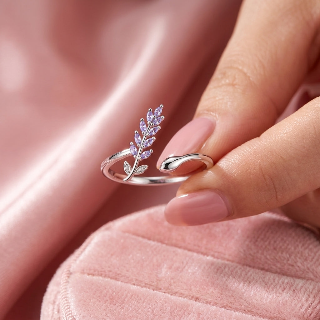 Purple Leaf Branch Ring - Open Adjustable Marquise White Cz Ring