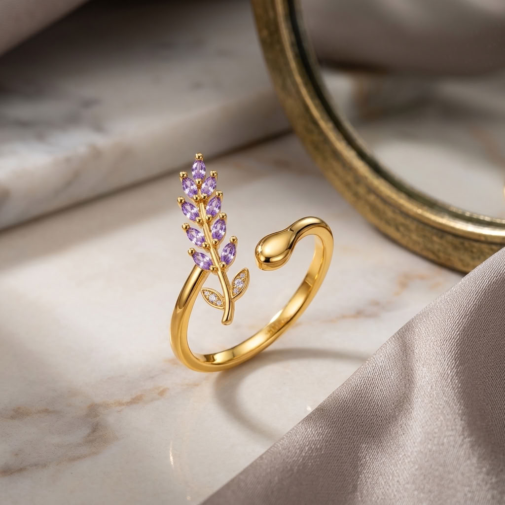 Purple Leaf Branch Open Adjustable Marquise White Cz Ring for Women - 925 Sterling Silver