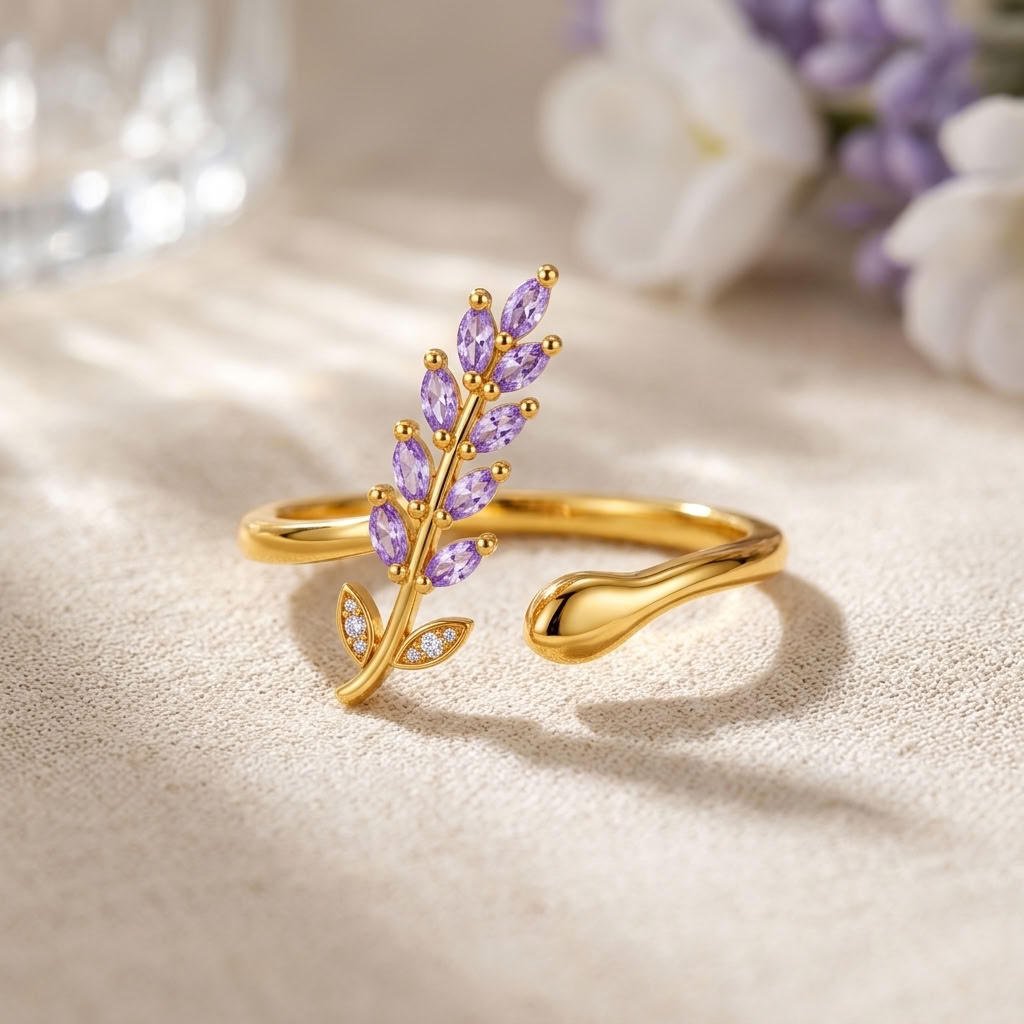 Purple Leaf Branch Open Adjustable Marquise White Cz Ring for Women - 925 Sterling Silver