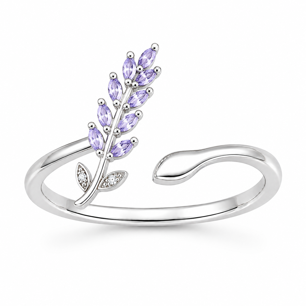 Purple Leaf Branch Ring - Open Adjustable Marquise White Cz Ring