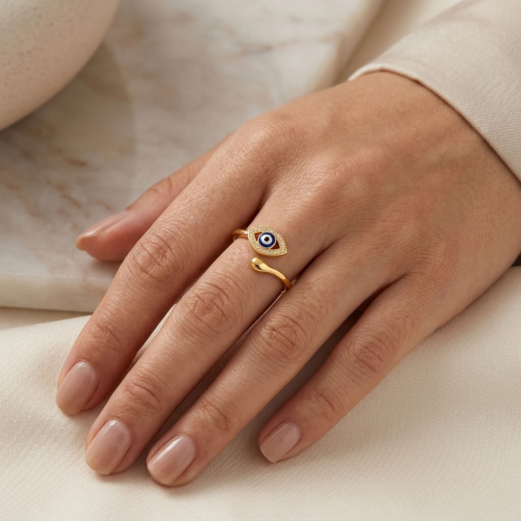 Evil Eye Open Adjustable Blue Enamel White Cz Ring for Women - 925 Sterling Silver