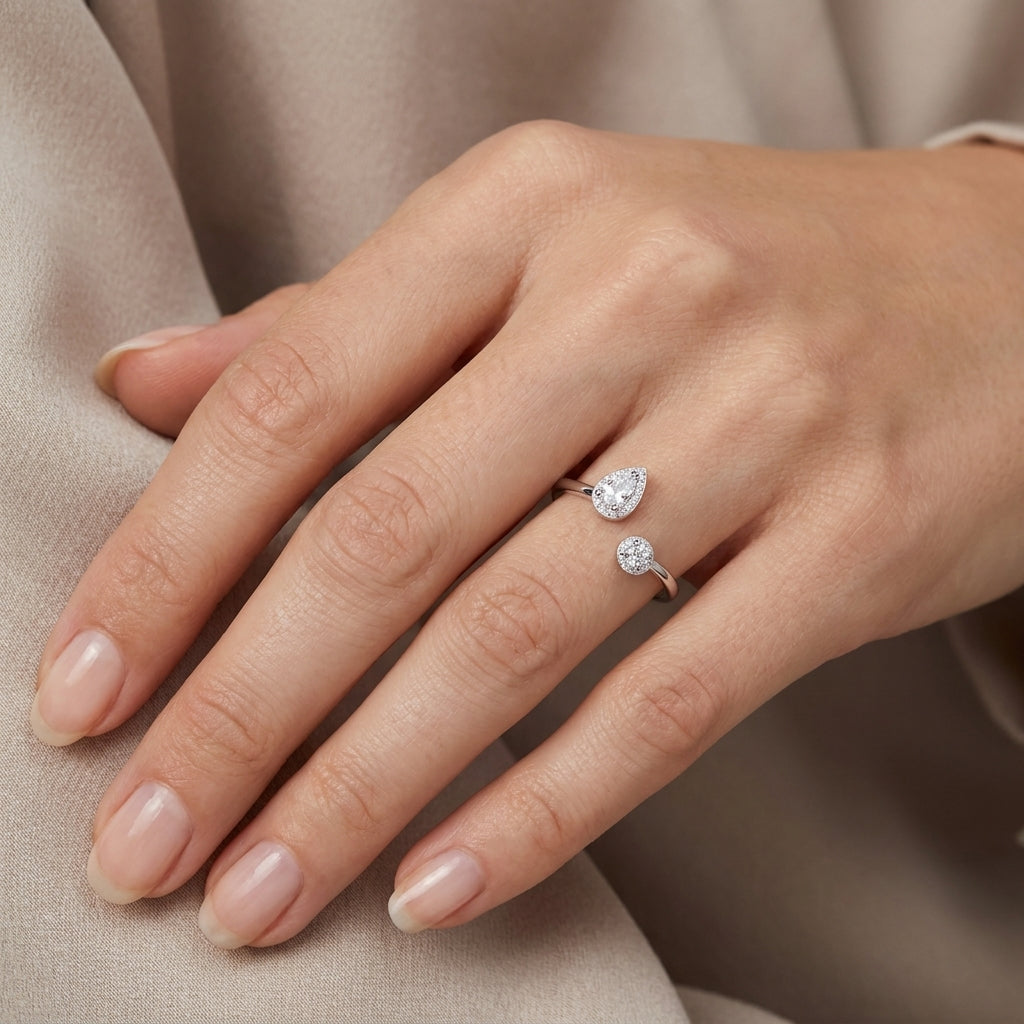 Pear and Round Halo Ring - Open Adjustable Dual Stone Ring