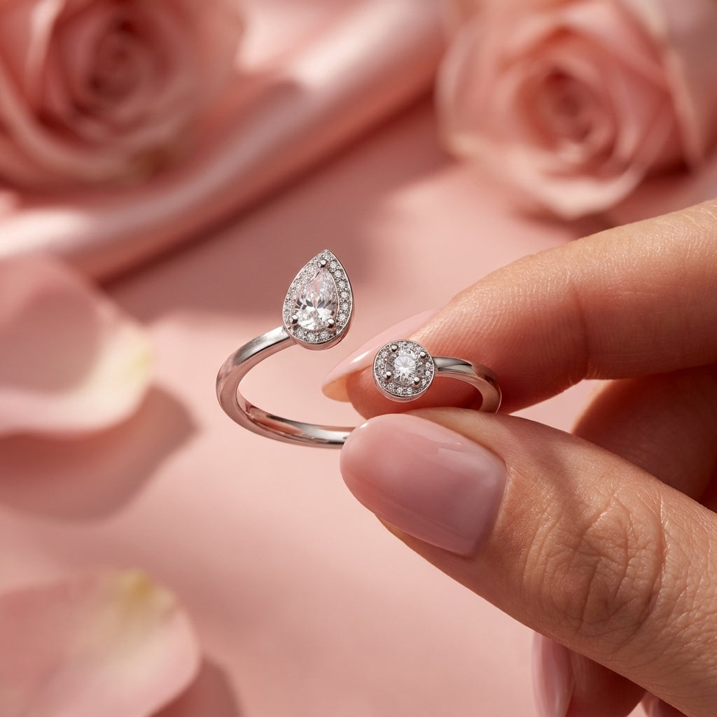 Pear and Round Halo Ring - Open Adjustable Dual Stone Ring