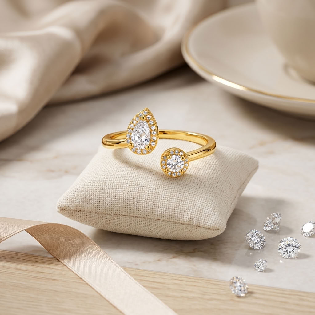 Pear and Round Halo Open Adjustable Dual Stone Ring for Women - 925 Sterling Silver