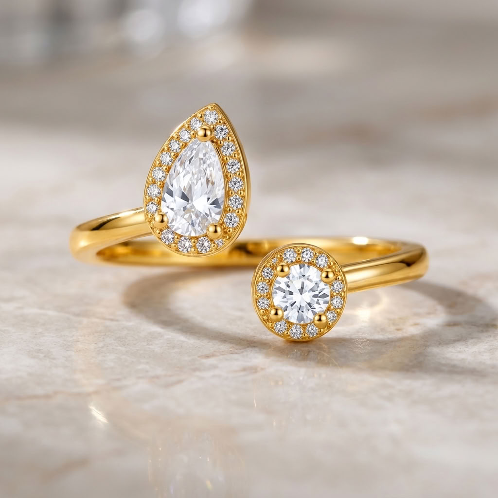 Pear and Round Halo Open Adjustable Dual Stone Ring for Women - 925 Sterling Silver