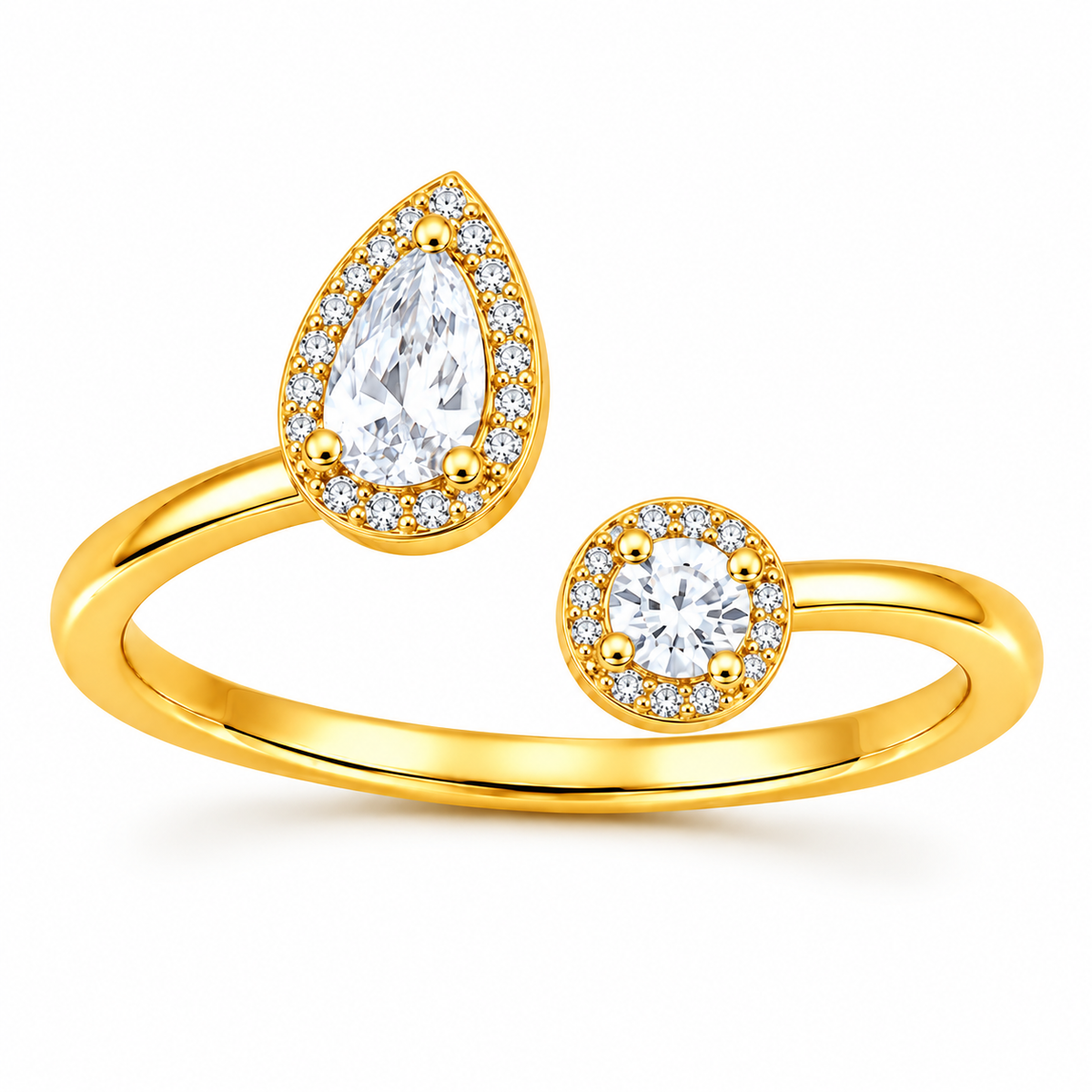Pear and Round Halo Open Adjustable Dual Stone Ring for Women - 925 Sterling Silver