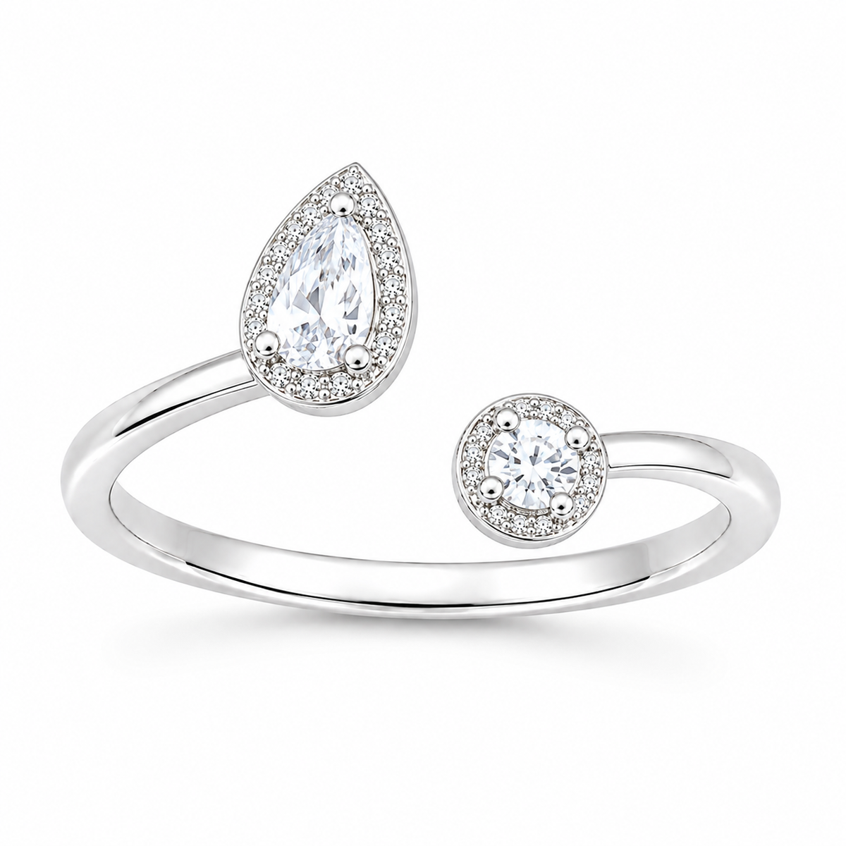 Pear and Round Halo Ring - Open Adjustable Dual Stone Ring