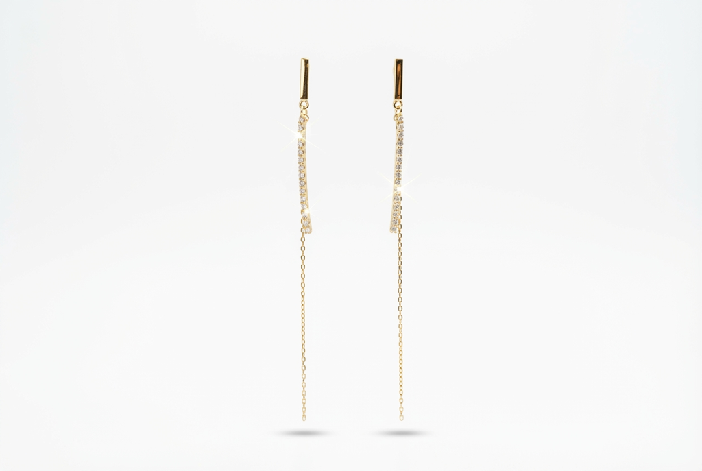 Bar Studded Layer Chain Dangle Earrings - Sterling Silver Gold Plated
