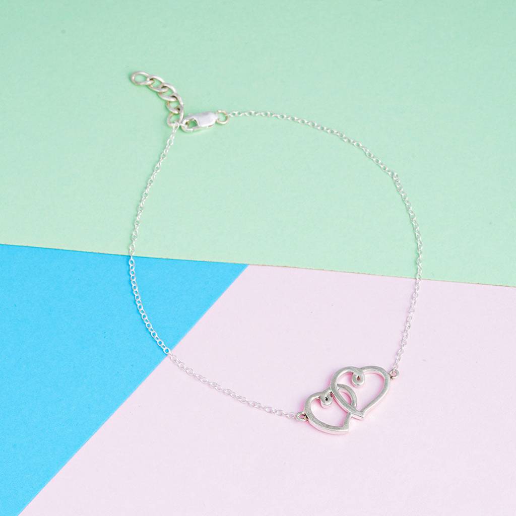 Sterling Silver Two Heart Bracelet - 925 Sterling Silver