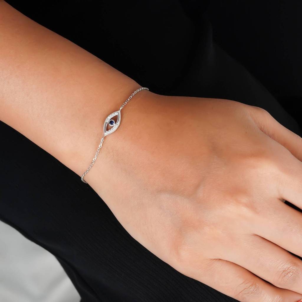 Silver Sapphire Evil Eye Bracelet - 925 Sterling Silver