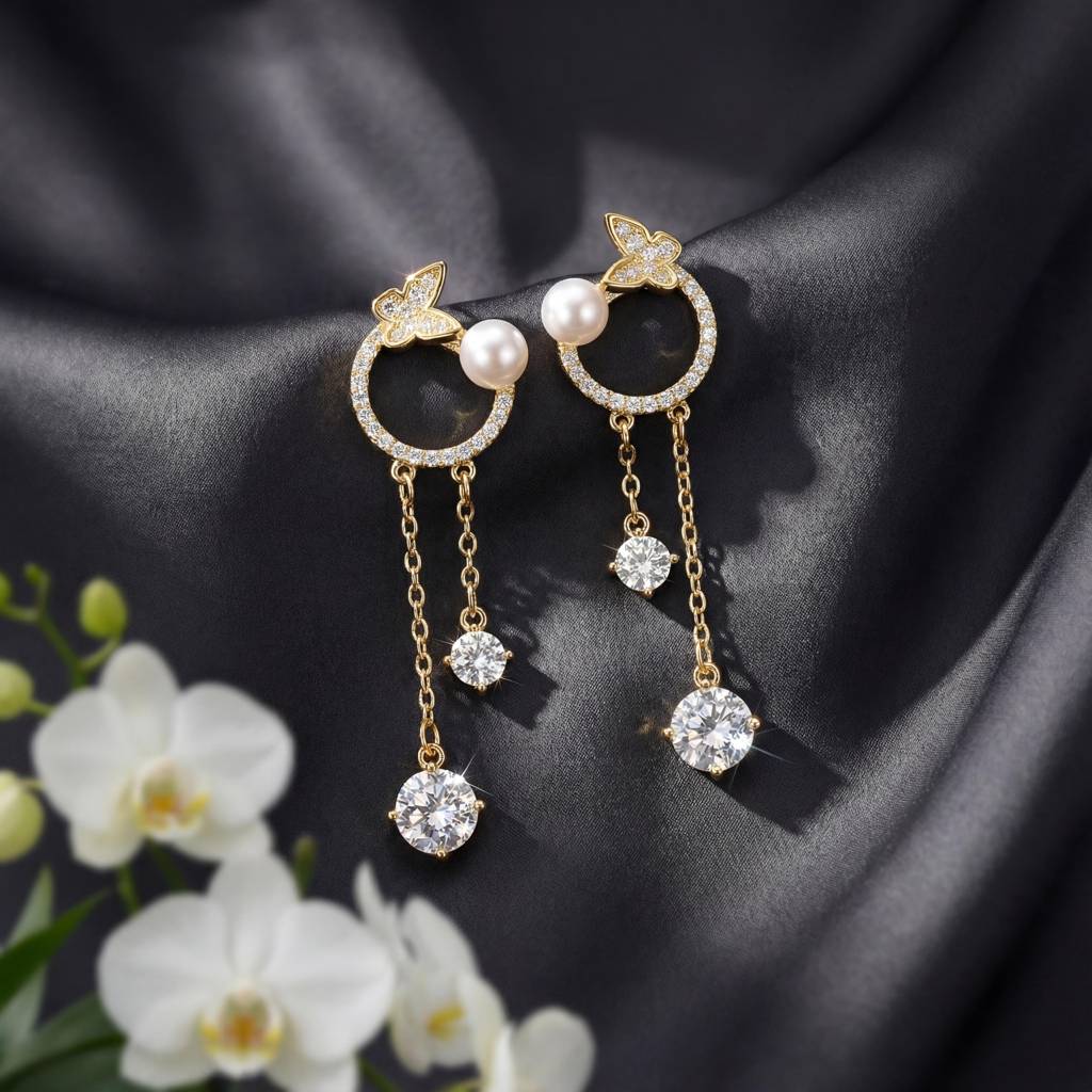 Butterfly Garden Halo Drops - 925 Sterling Silver Yellow Gold Plated