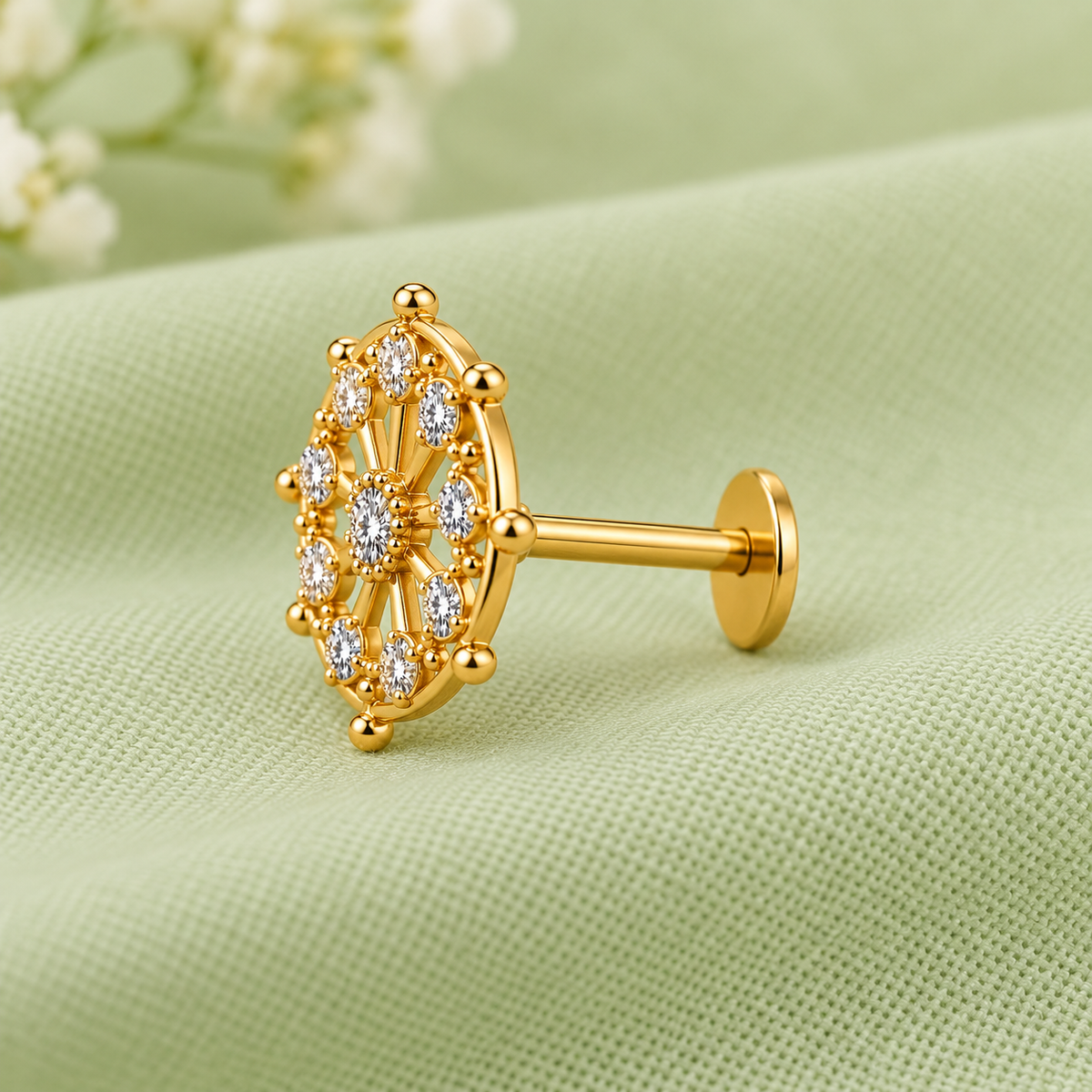 Vintage Wheel Nose Pin - side view in 925 sterling silver