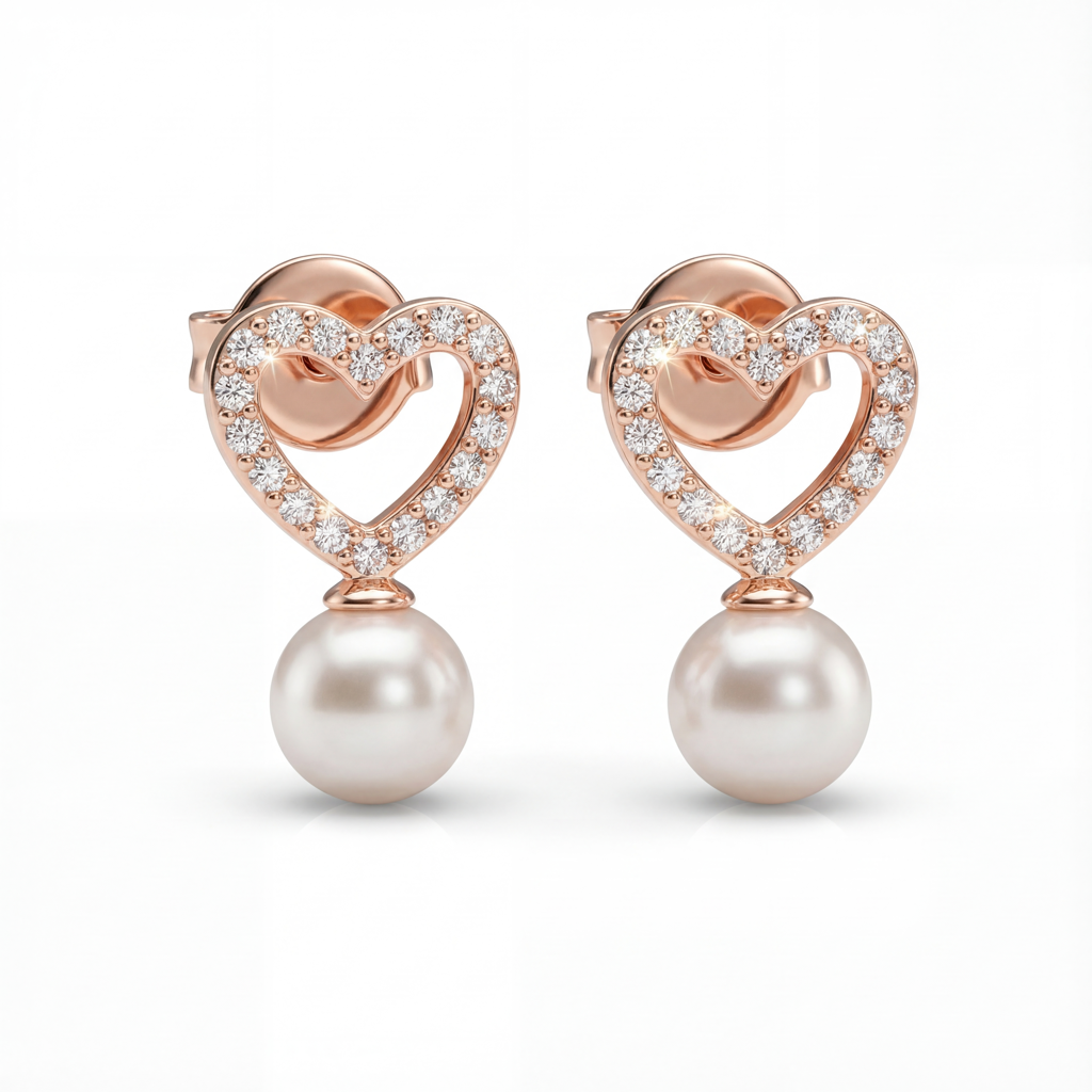 Romantic Heart Pearl Studs - 925 Sterling Silver Gold Plated